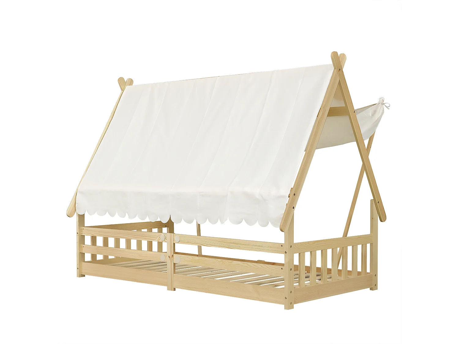 Lit simple 90 x 190 cm - Lit enfant avec barrière et tente - design cabane en rondins - matelas non inclus