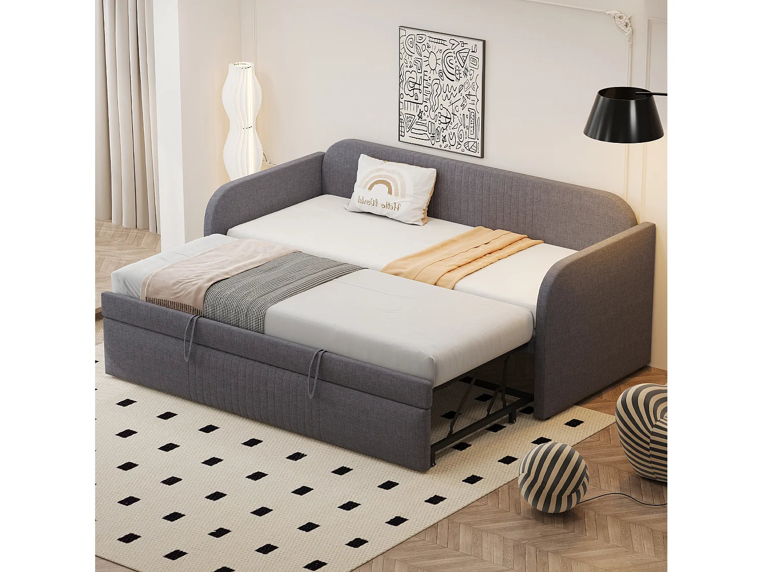 Cama de rodízio 90/180 x 190 cm - Cama de casal com costas e braços - linho cinza