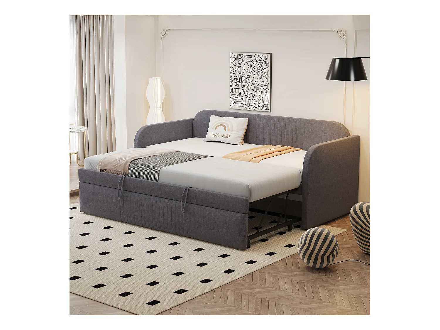 Cama de rodízio 90/180 x 190 cm - Cama de casal com costas e braços - linho cinza