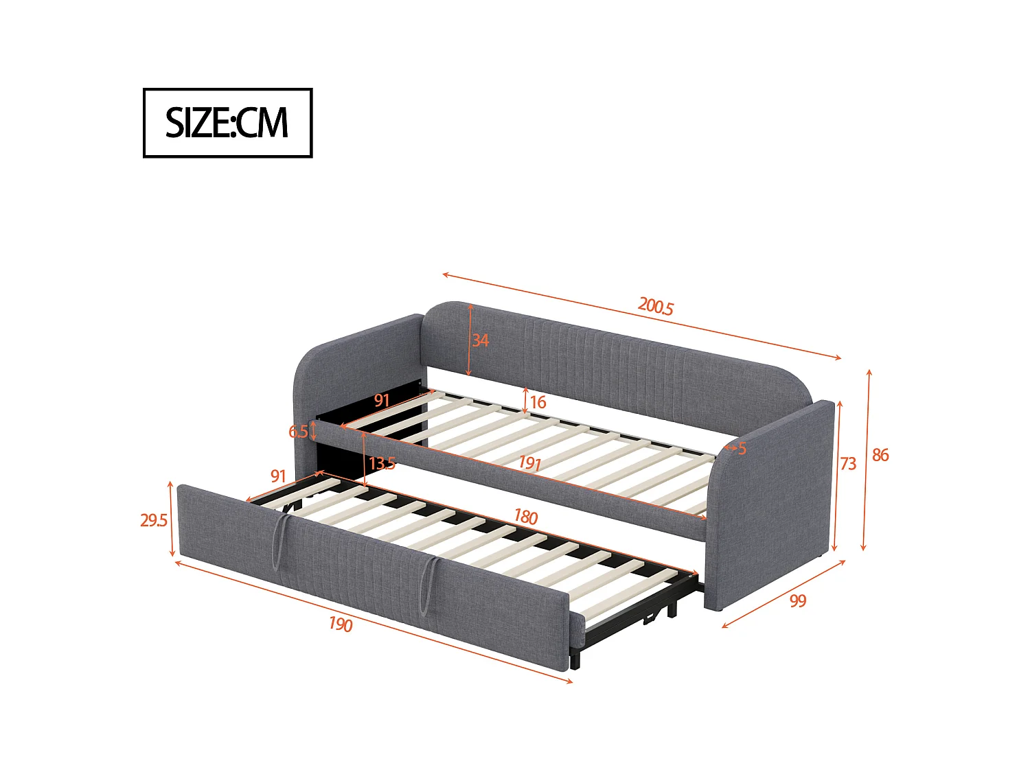 Cama de rodízio 90/180 x 190 cm - Cama de casal com costas e braços - linho cinza