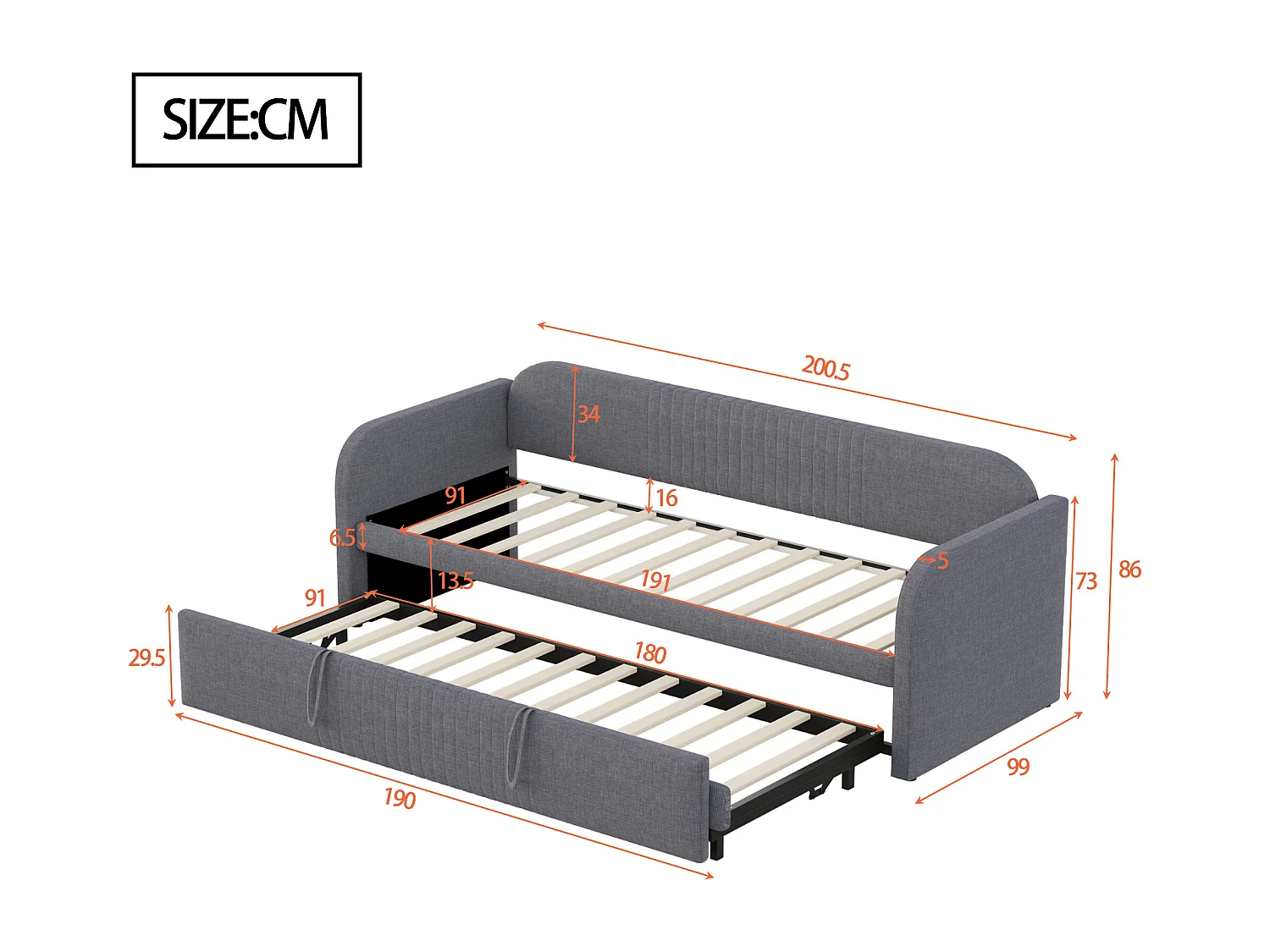 Uitschuifbed 90/180 x 190 cm - Tweepersoonsbed met rugleuning en armleuningen - grijs linnen