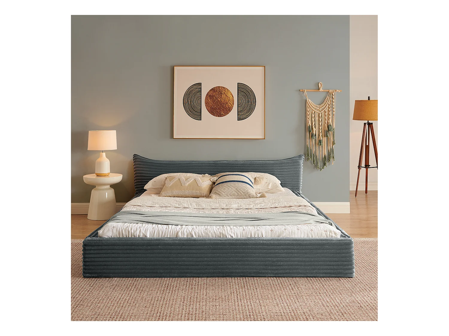 Lit simple 140 x 200 cm - lit adulte en bois d'eucalyptus et cadre en fer robuste - chenille gris foncé - matelas non inclus