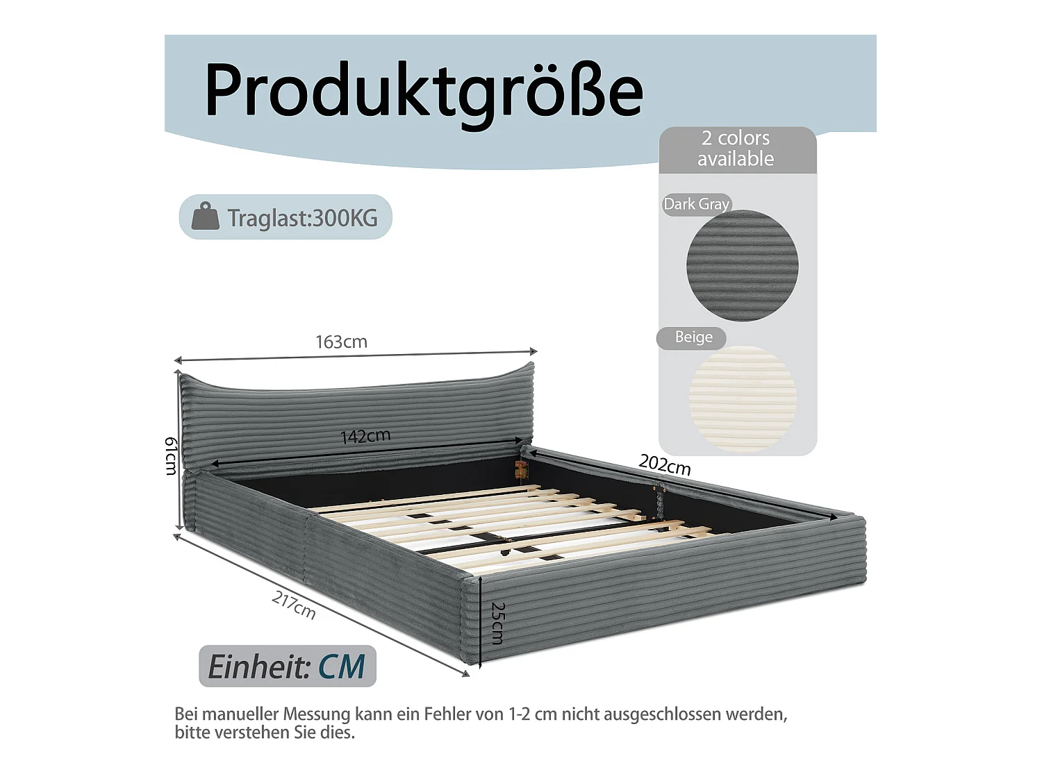 Lit simple 140 x 200 cm - lit adulte en bois d'eucalyptus et cadre en fer robuste - chenille gris foncé - matelas non inclus