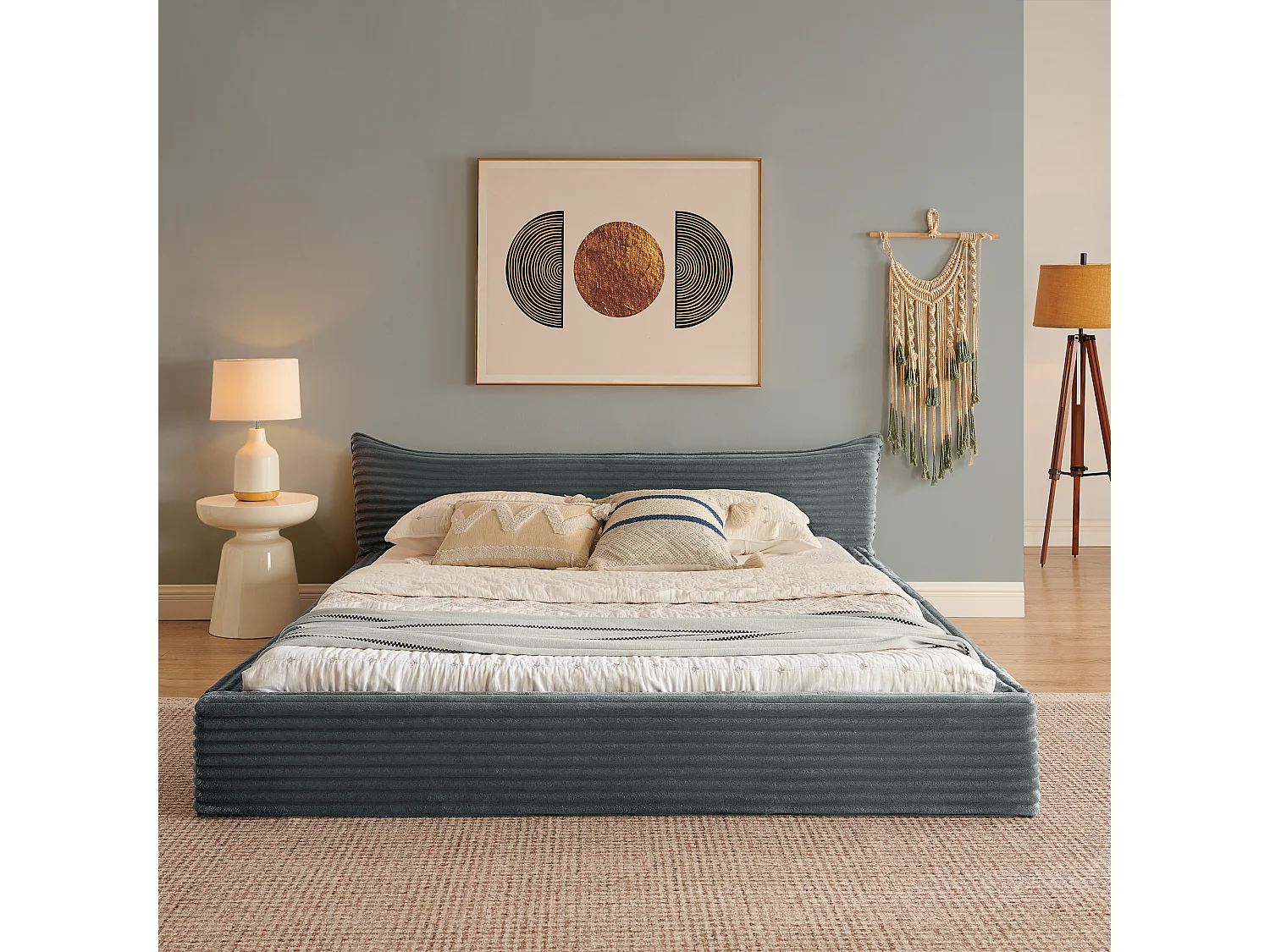 Lit simple 140 x 200 cm - lit adulte en bois d'eucalyptus et cadre en fer robuste - chenille gris foncé - matelas non inclus