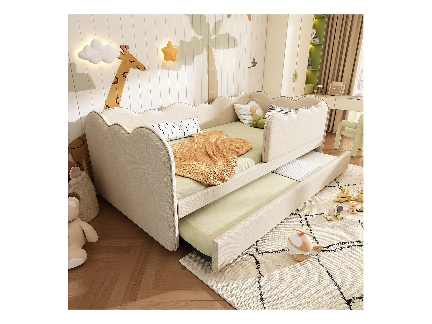 Lit gigogne 90 x 190 cm - Lit enfant avec sommier à lattes et parc - lin beige - matelas non inclus