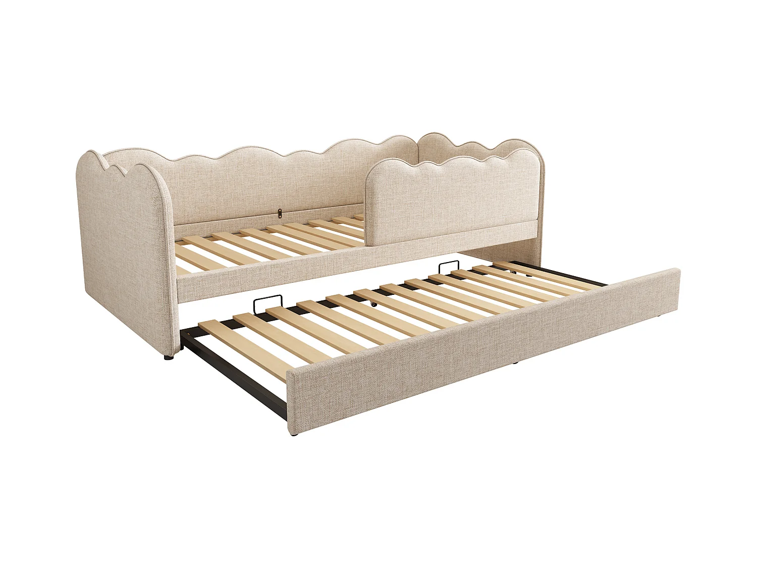 Lit gigogne 90 x 190 cm - Lit enfant avec sommier à lattes et parc - lin beige - matelas non inclus