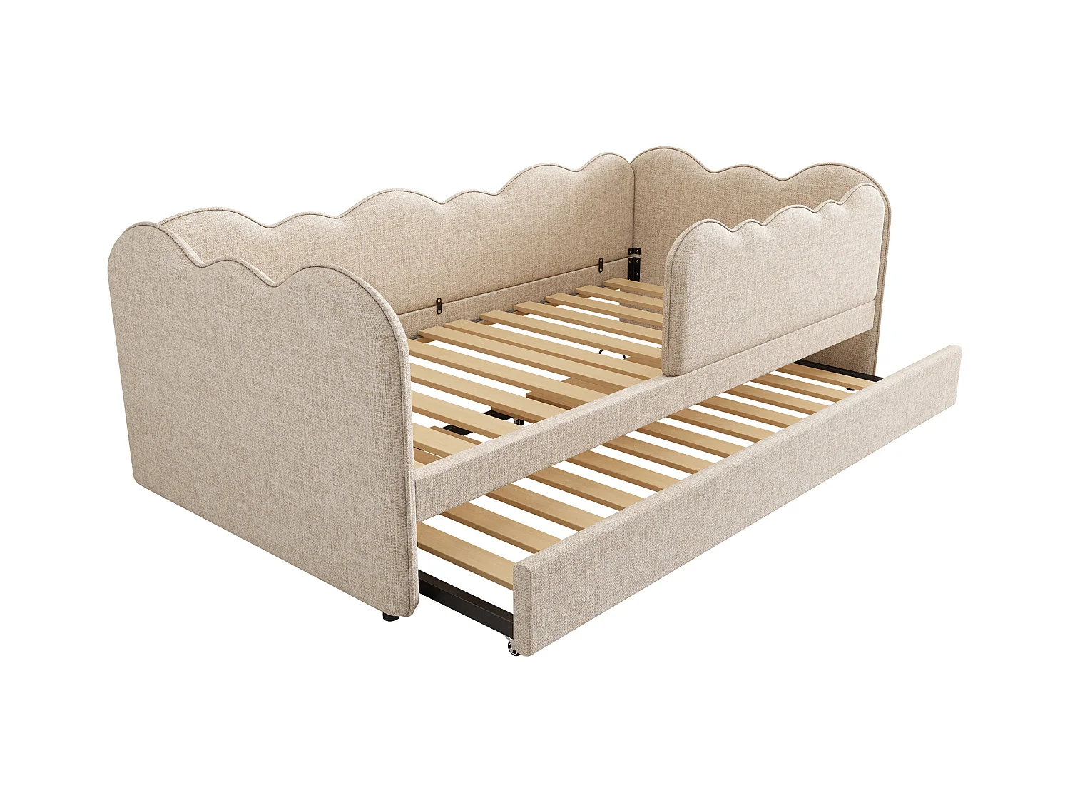 Lit gigogne 90 x 190 cm - Lit enfant avec sommier à lattes et parc - lin beige - matelas non inclus