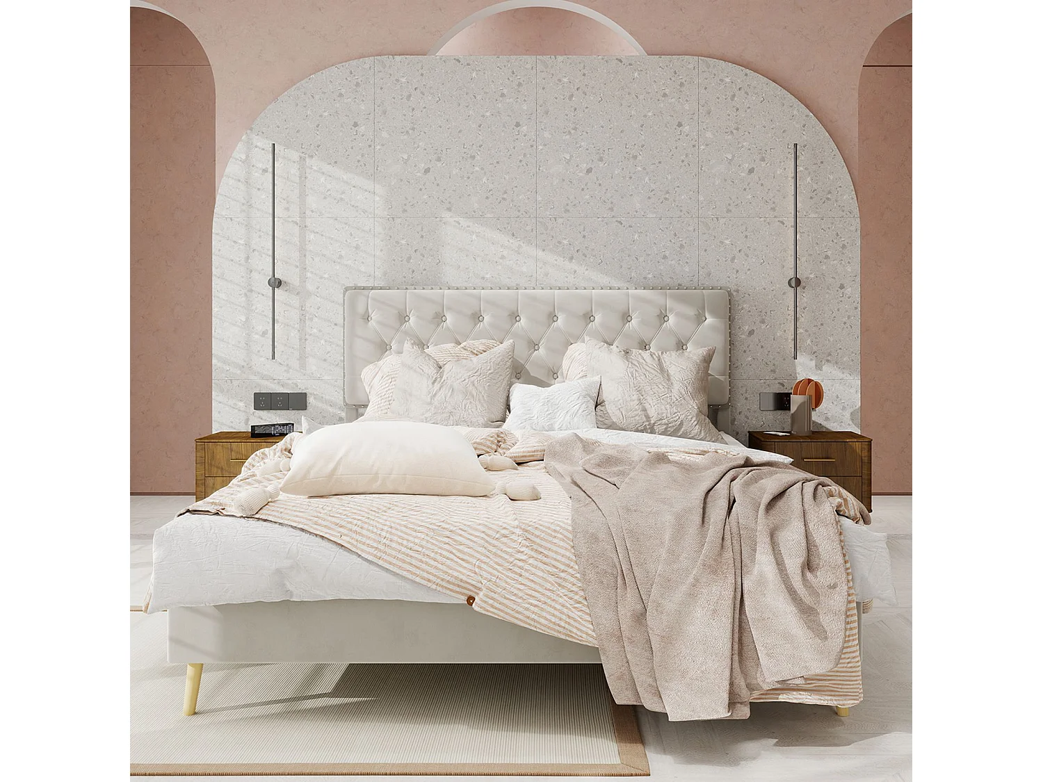 Lit adulte 140 x 200 cm - Lit double avec tête de lit moelleuse et pieds en bois - velours beige - sans matelas