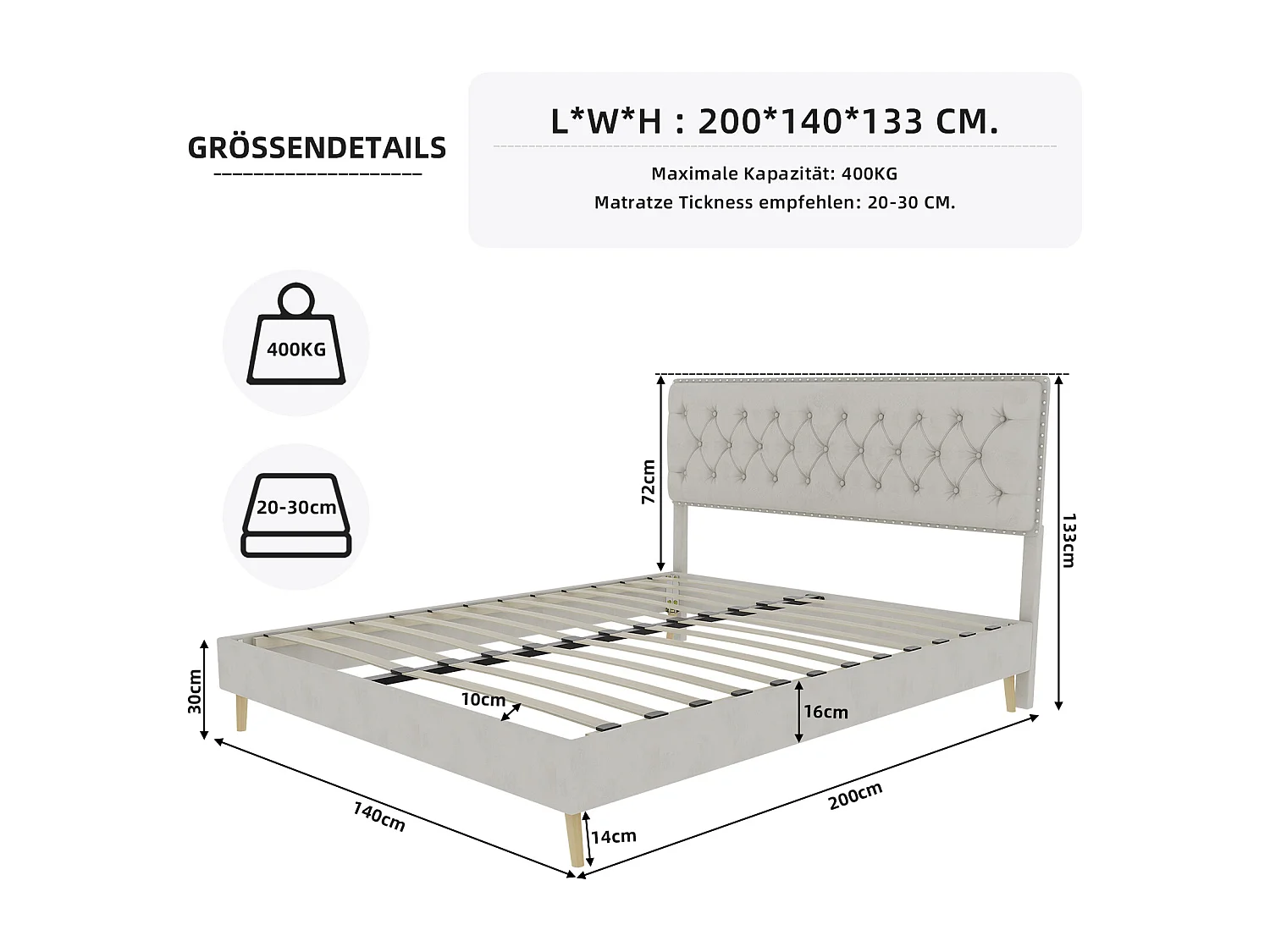 Lit adulte 140 x 200 cm - Lit double avec tête de lit moelleuse et pieds en bois - velours beige - sans matelas