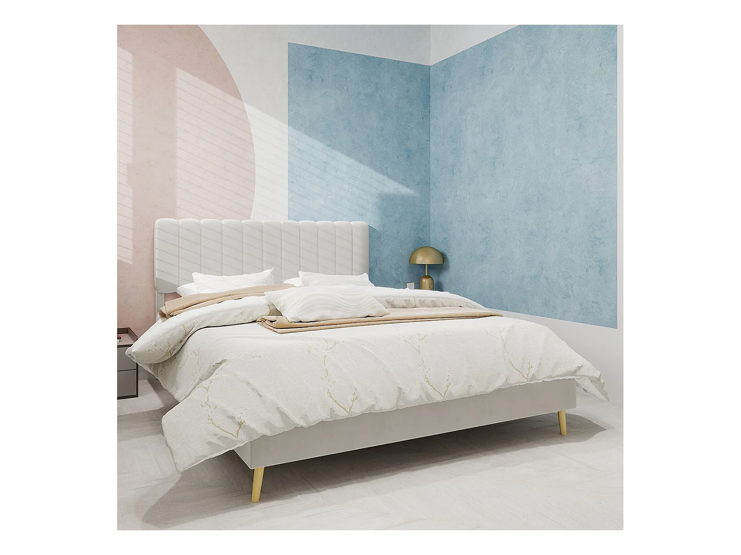 Lit adulte 160 x 200 cm - Lit double avec tête de lit moelleuse et pieds en bois - velours beige - matelas non inclus