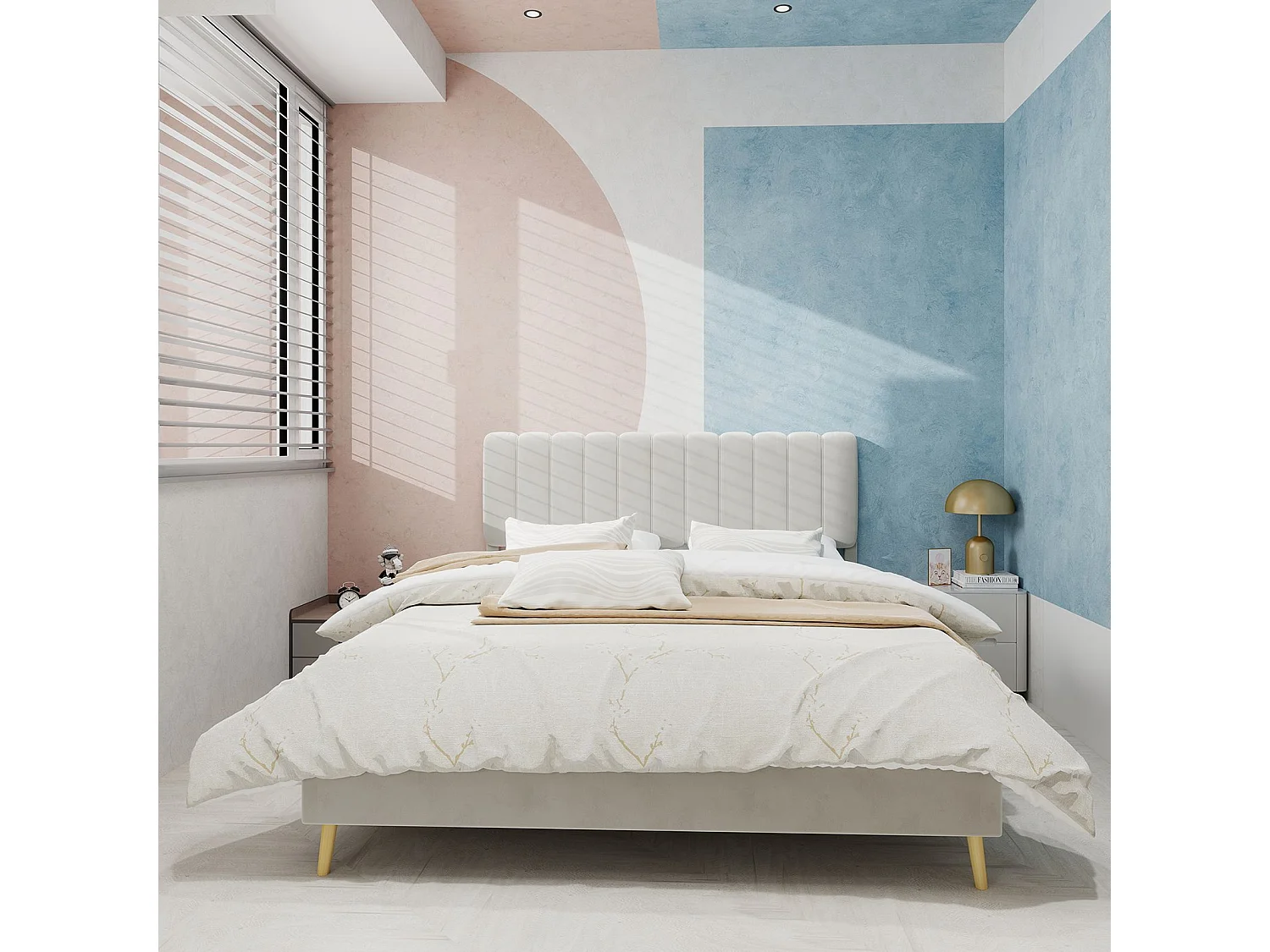 Lit adulte 160 x 200 cm - Lit double avec tête de lit moelleuse et pieds en bois - velours beige - matelas non inclus