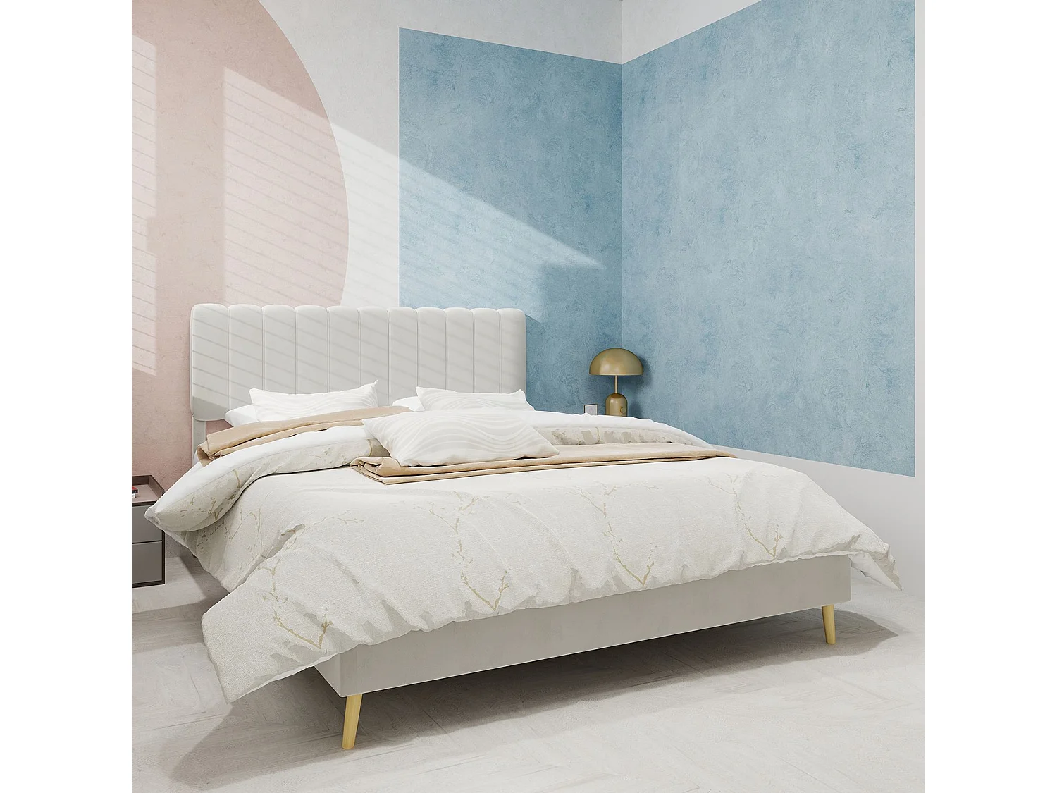 Lit adulte 160 x 200 cm - Lit double avec tête de lit moelleuse et pieds en bois - velours beige - matelas non inclus