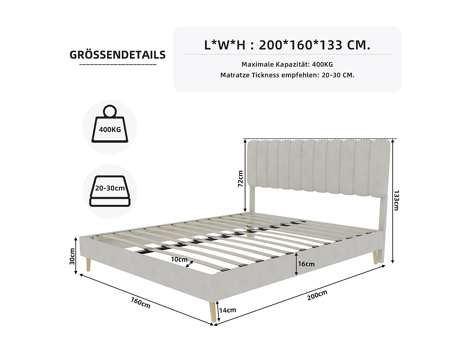 Lit adulte 160 x 200 cm - Lit double avec tête de lit moelleuse et pieds en bois - velours beige - matelas non inclus
