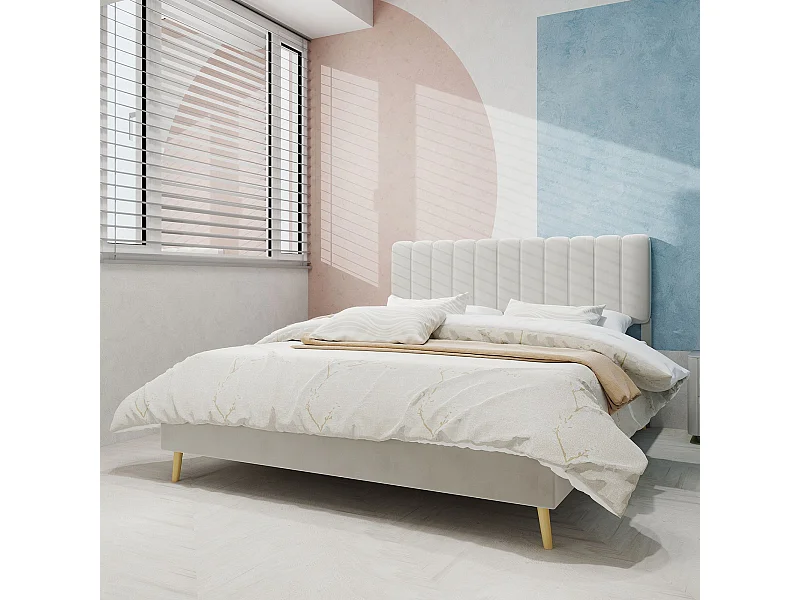 Lit adulte 160 x 200 cm - Lit double avec tête de lit moelleuse et pieds en bois - velours beige - matelas non inclus