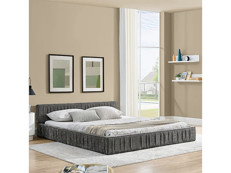 Lit simple 140 x 200 cm - Lit adulte avec cadre en fer robuste - chenille gris foncé - matelas non inclus
