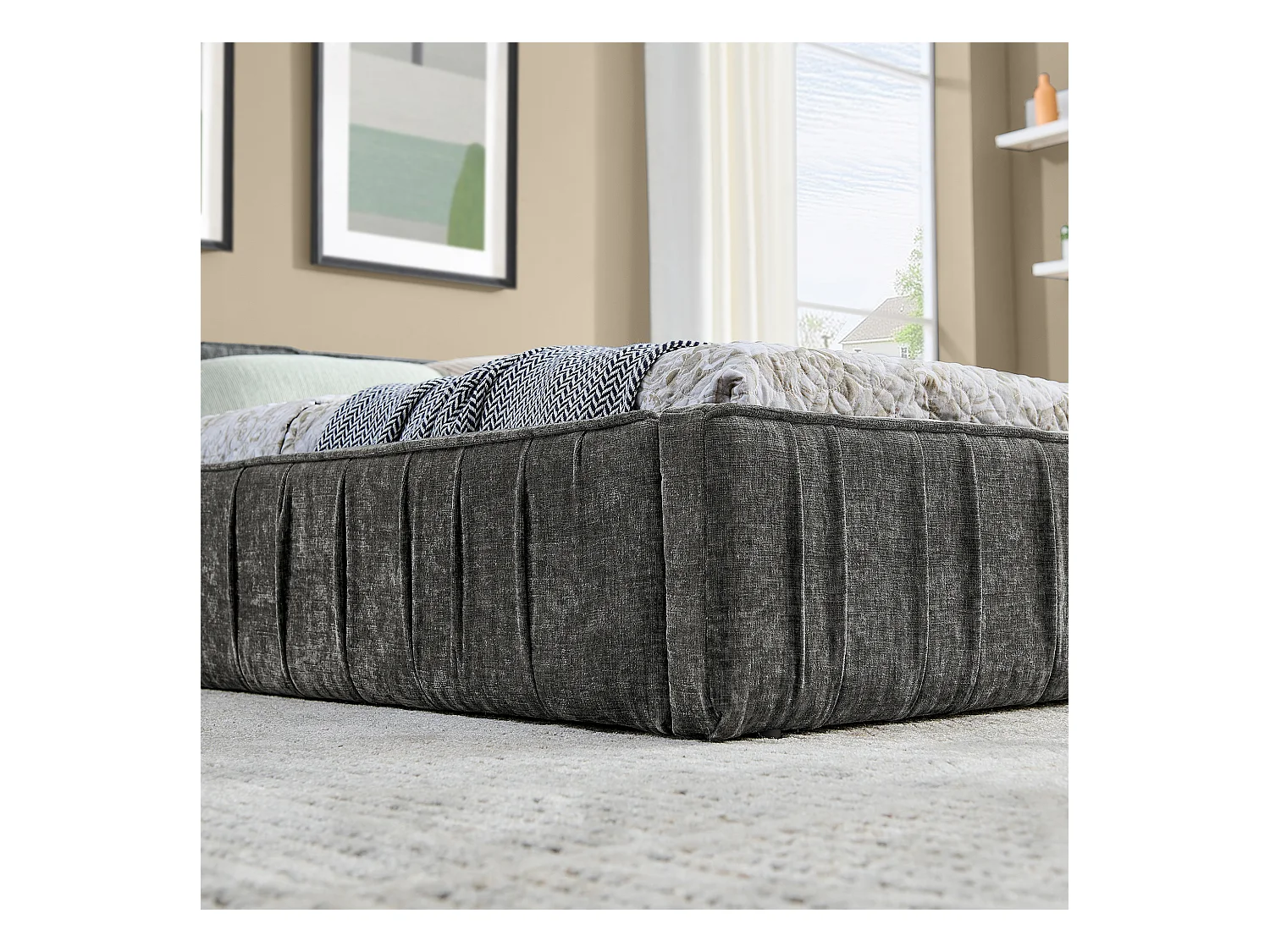 Cama individual de 140 x 200 cm - Cama para adulto con estructura de hierro resistente - Chenilla gris oscuro - Colchón no incluido