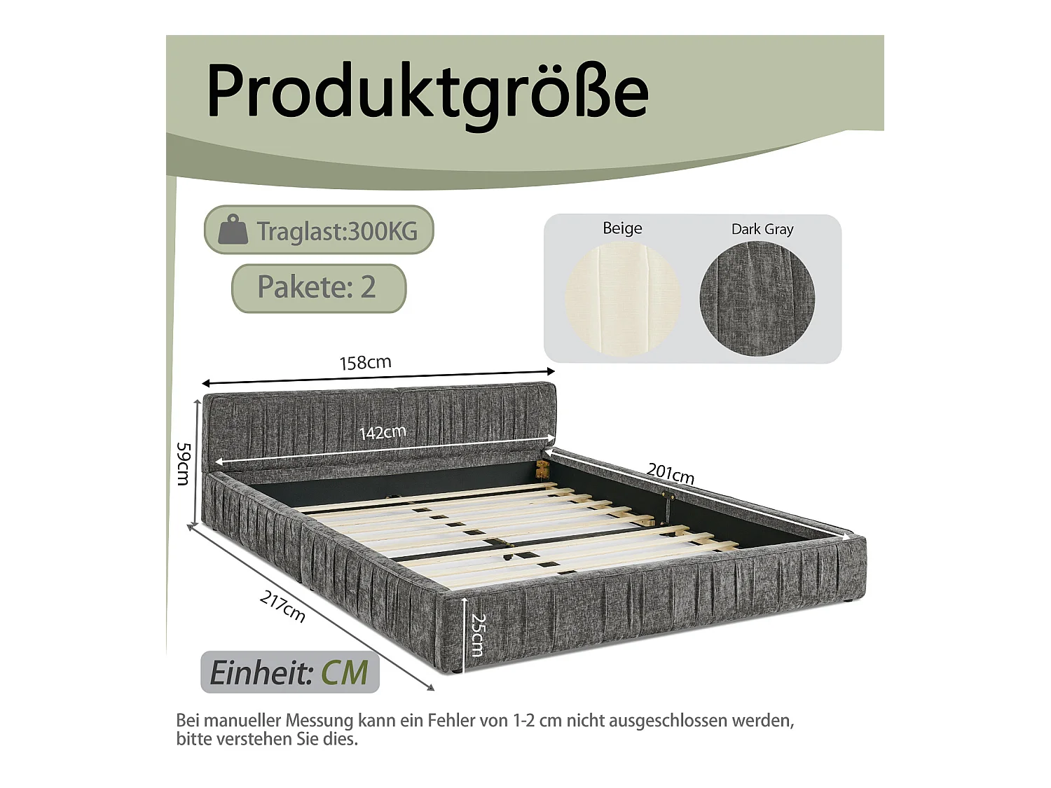 Cama individual de 140 x 200 cm - Cama para adulto con estructura de hierro resistente - Chenilla gris oscuro - Colchón no incluido