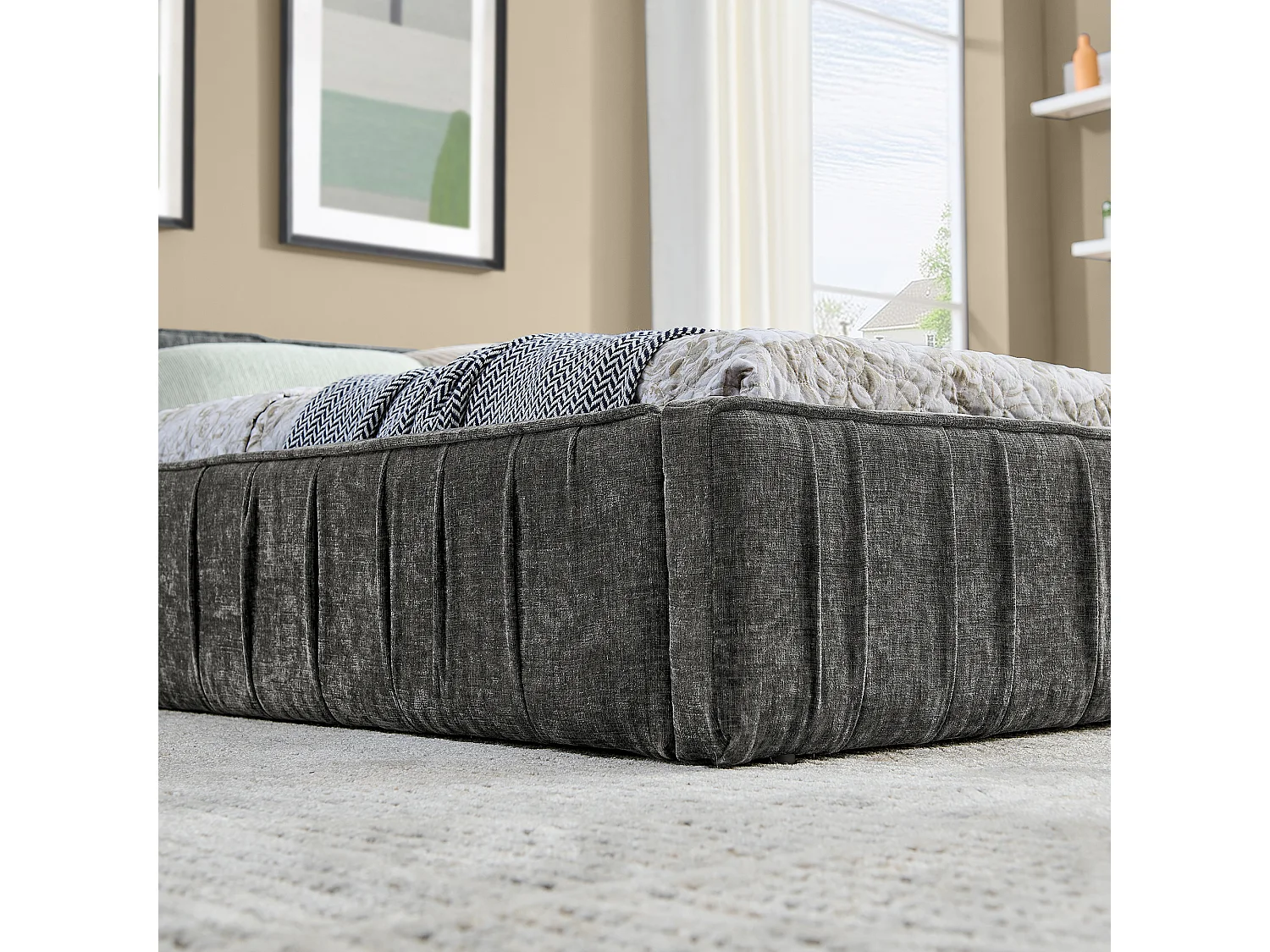 Cama individual de 140 x 200 cm - Cama para adulto con estructura de hierro resistente - Chenilla gris oscuro - Colchón no incluido