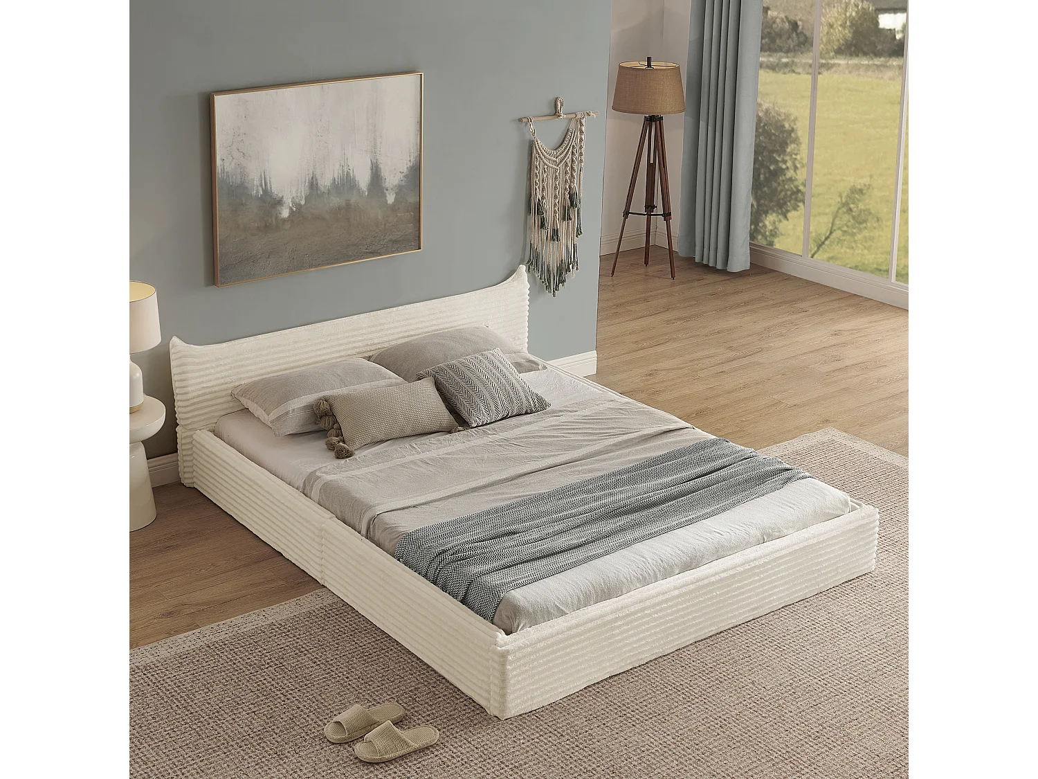 Lit simple 140 x 200 cm - lit adulte en bois d'eucalyptus et cadre en fer robuste - chenille beige - matelas non inclus