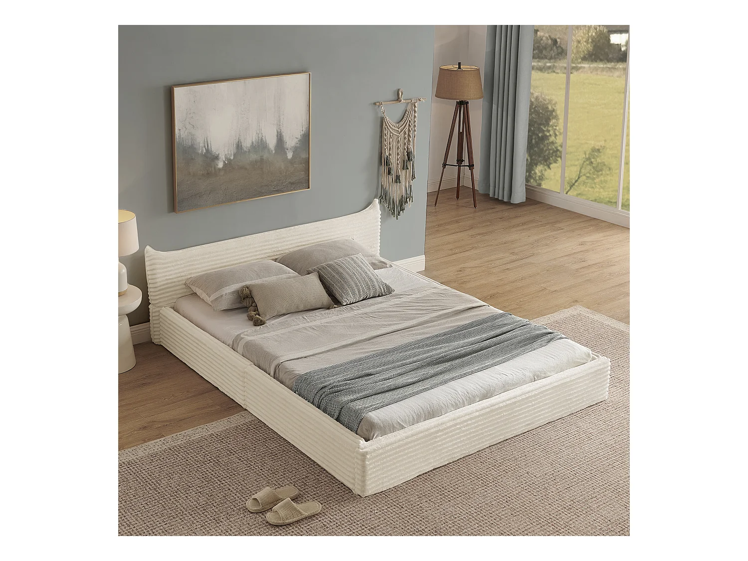 Letto singolo 140 x 200 cm - Letto per adulti in legno di eucalipto e robusta struttura in ferro - Ciniglia beige - Materasso non incluso