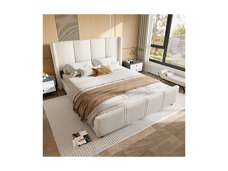 Letto per adulti 140 x 190 cm - Letto matrimoniale con testiera e pediera rialzate - velluto beige - materasso non incluso
