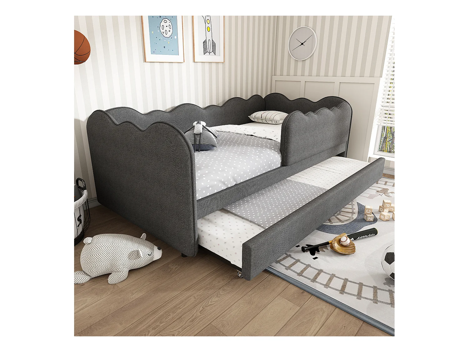 Ausziehbett 90 x 190 cm - Kinderbett mit Lattenrost und Laufstall - Leinen grau - Matratze nicht inklusive