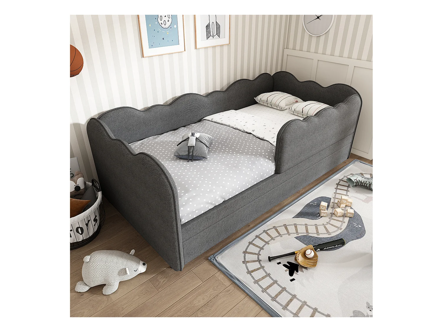 Ausziehbett 90 x 190 cm - Kinderbett mit Lattenrost und Laufstall - Leinen grau - Matratze nicht inklusive