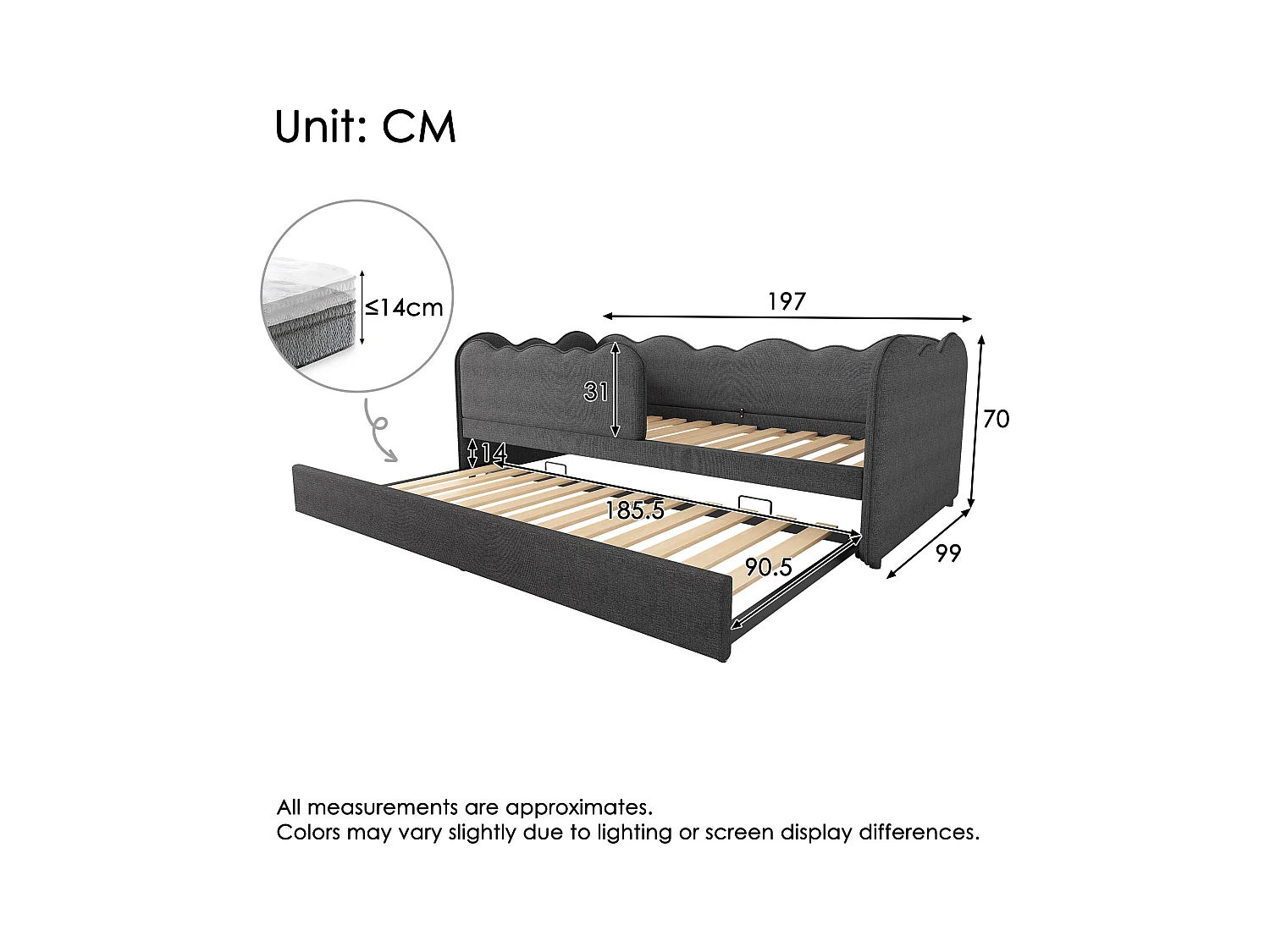 Ausziehbett 90 x 190 cm - Kinderbett mit Lattenrost und Laufstall - Leinen grau - Matratze nicht inklusive