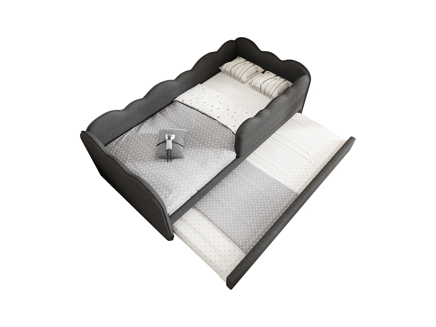 Ausziehbett 90 x 190 cm - Kinderbett mit Lattenrost und Laufstall - Leinen grau - Matratze nicht inklusive