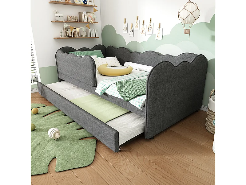 Lit gigogne 90 x 190 cm - Lit enfant avec sommier à lattes et parc - lin gris - matelas non inclus