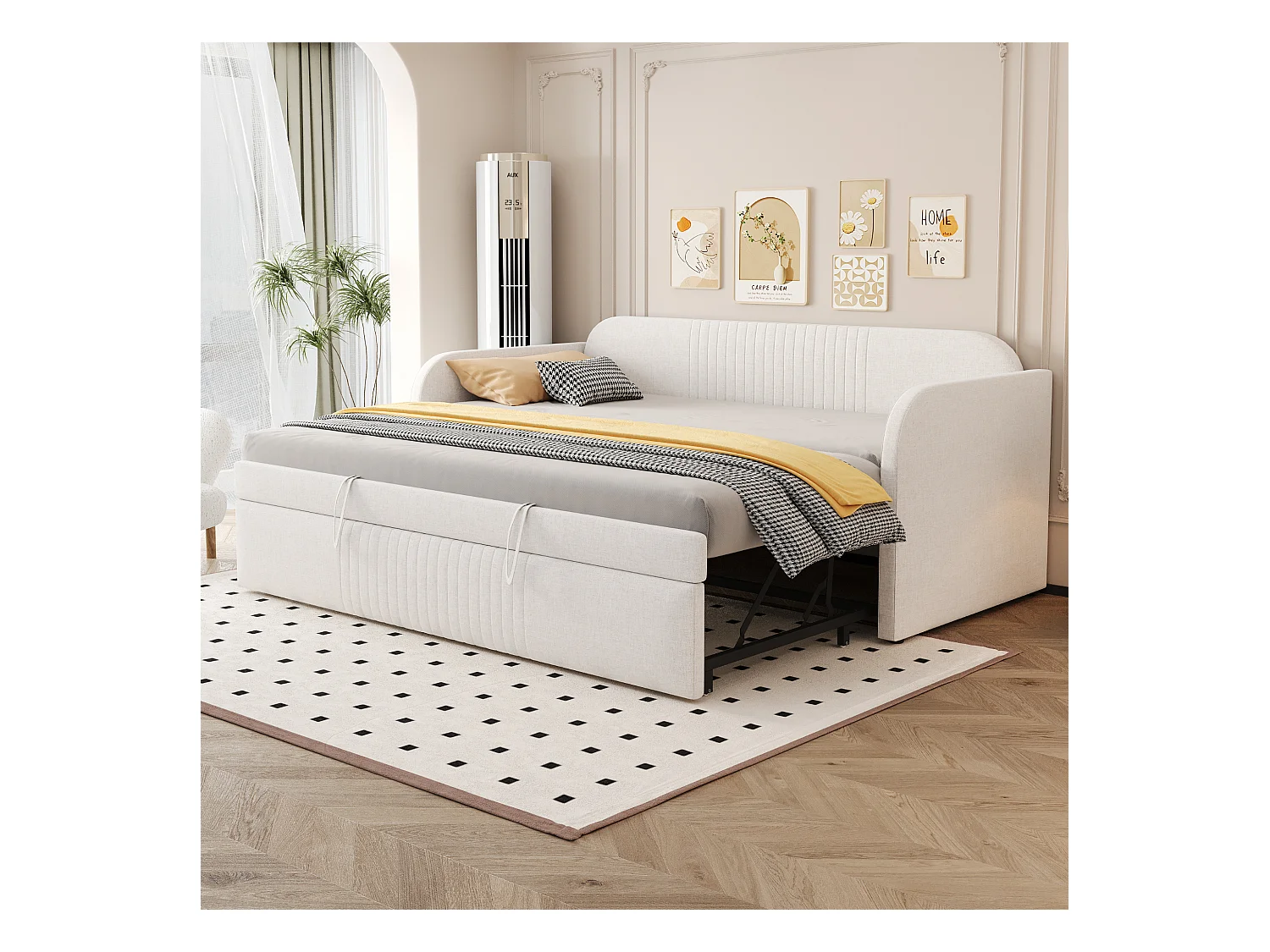 Cama de rodízio 90/180 x 190 cm - Cama de casal com costas e braços - linho bege