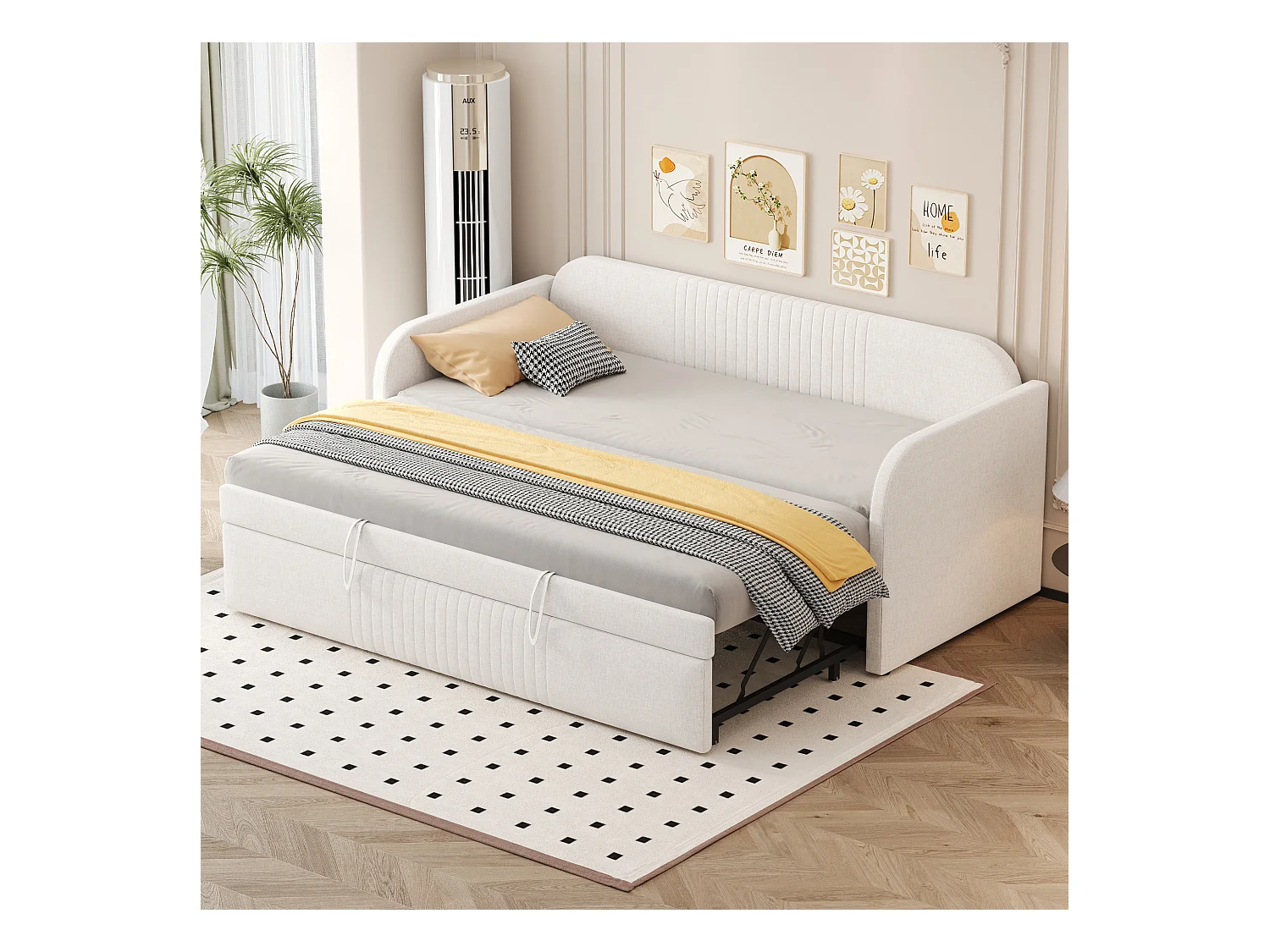 Cama de rodízio 90/180 x 190 cm - Cama de casal com costas e braços - linho bege