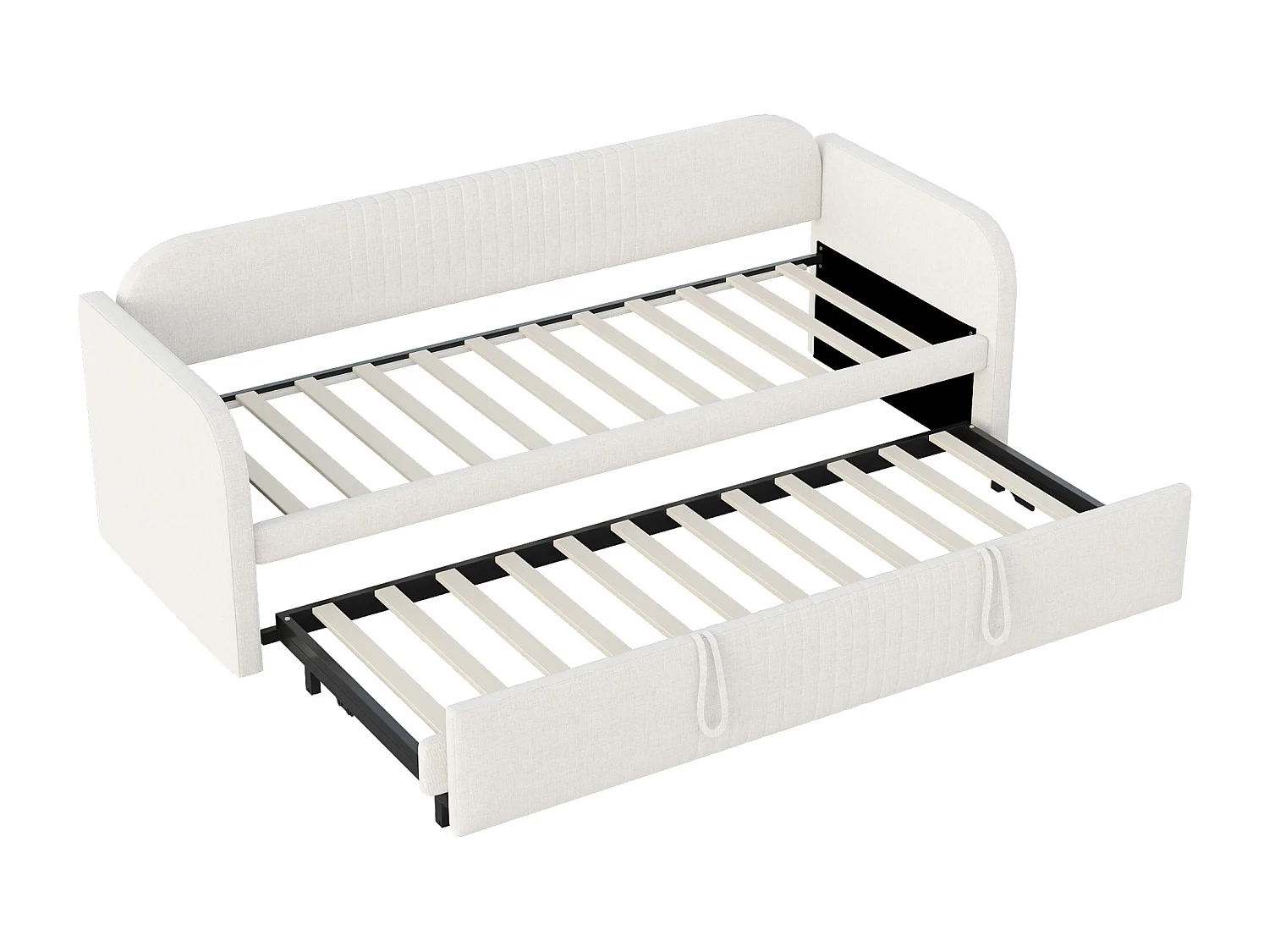 Uitschuifbed 90/180 x 190 cm - Tweepersoonsbed met rugleuning en armleuningen - beige linnen