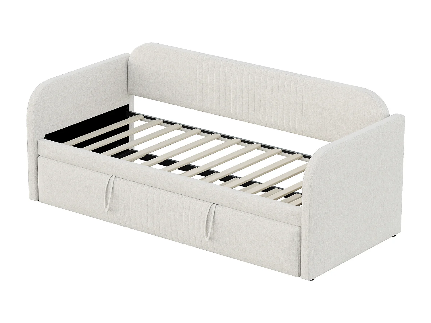 Uitschuifbed 90/180 x 190 cm - Tweepersoonsbed met rugleuning en armleuningen - beige linnen