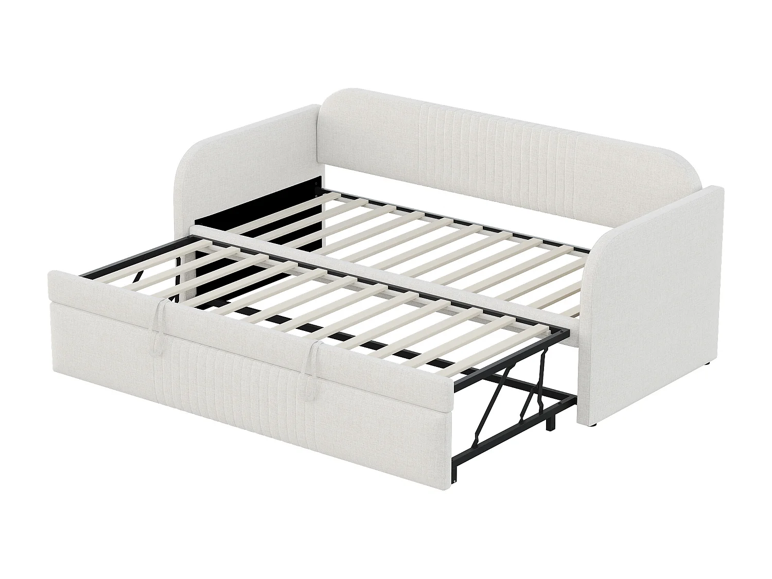 Uitschuifbed 90/180 x 190 cm - Tweepersoonsbed met rugleuning en armleuningen - beige linnen