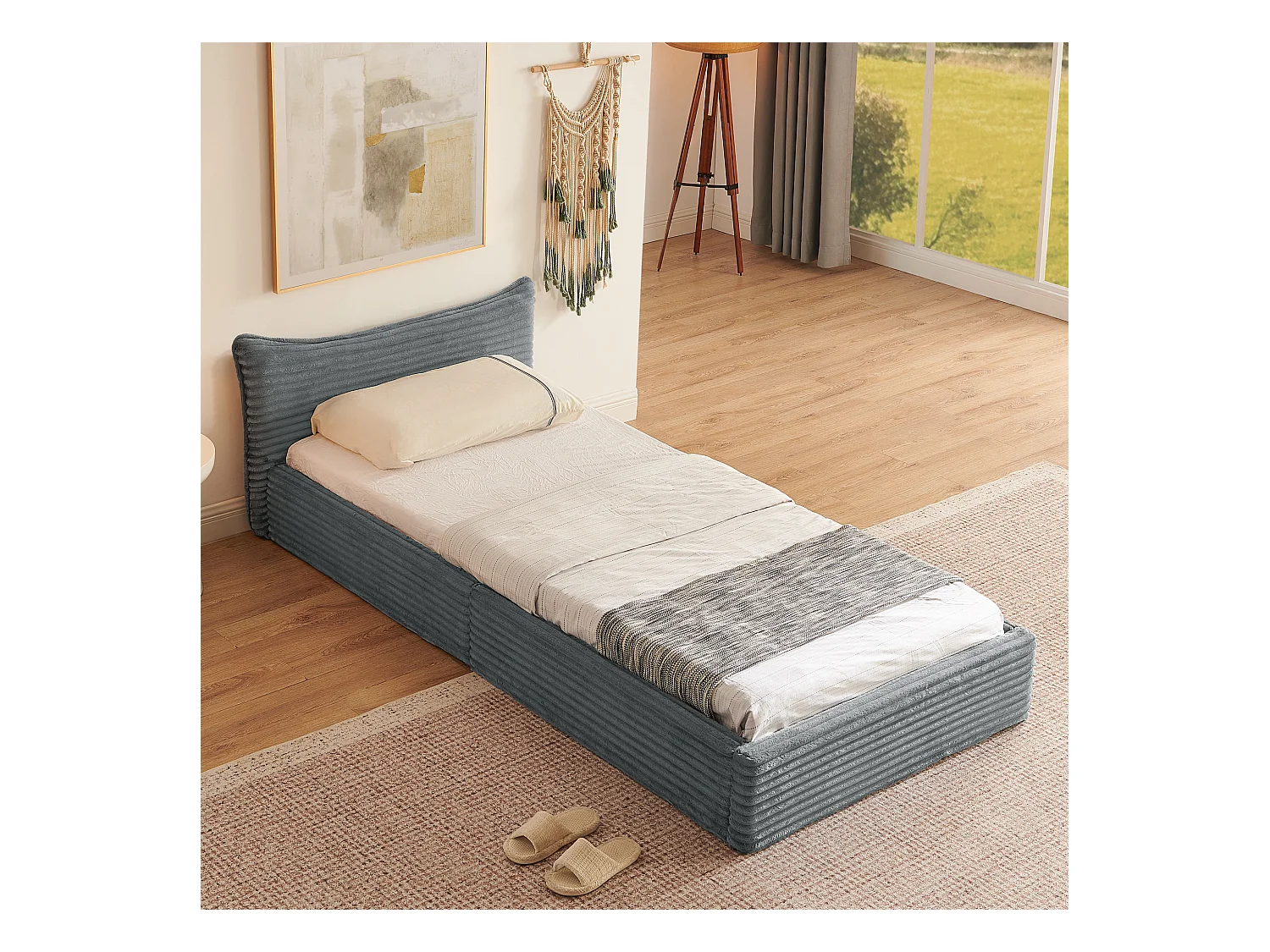 Letto singolo 90 x 200 cm - letto per bambini in legno di eucalipto con robusta struttura in ferro - ciniglia grigio scuro - materasso non incluso