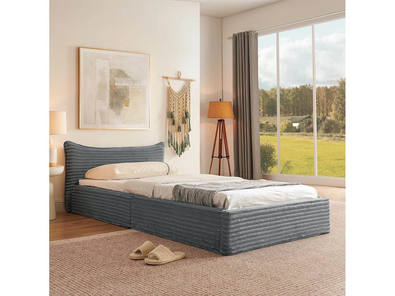 Lit simple 90 x 200 cm - lit enfant en bois d'eucalyptus et cadre en fer robuste - chenille gris foncé - matelas non inclus