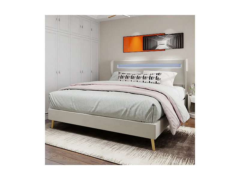 Letto per adulti 160 x 200 cm - Letto matrimoniale con illuminazione a LED e testiera morbida - velluto beige - materasso non incluso