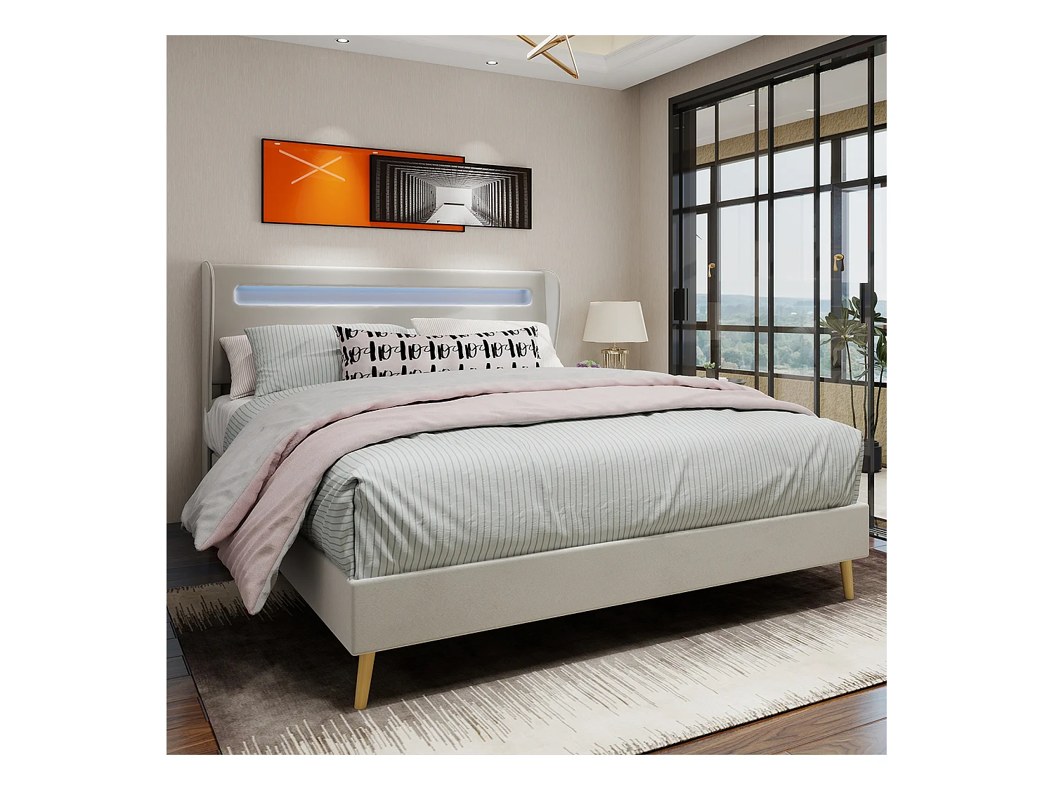 Cama de adulto 160 x 200 cm - Cama de casal com iluminação LED e cabeceira macia - veludo bege - colchão não incluído