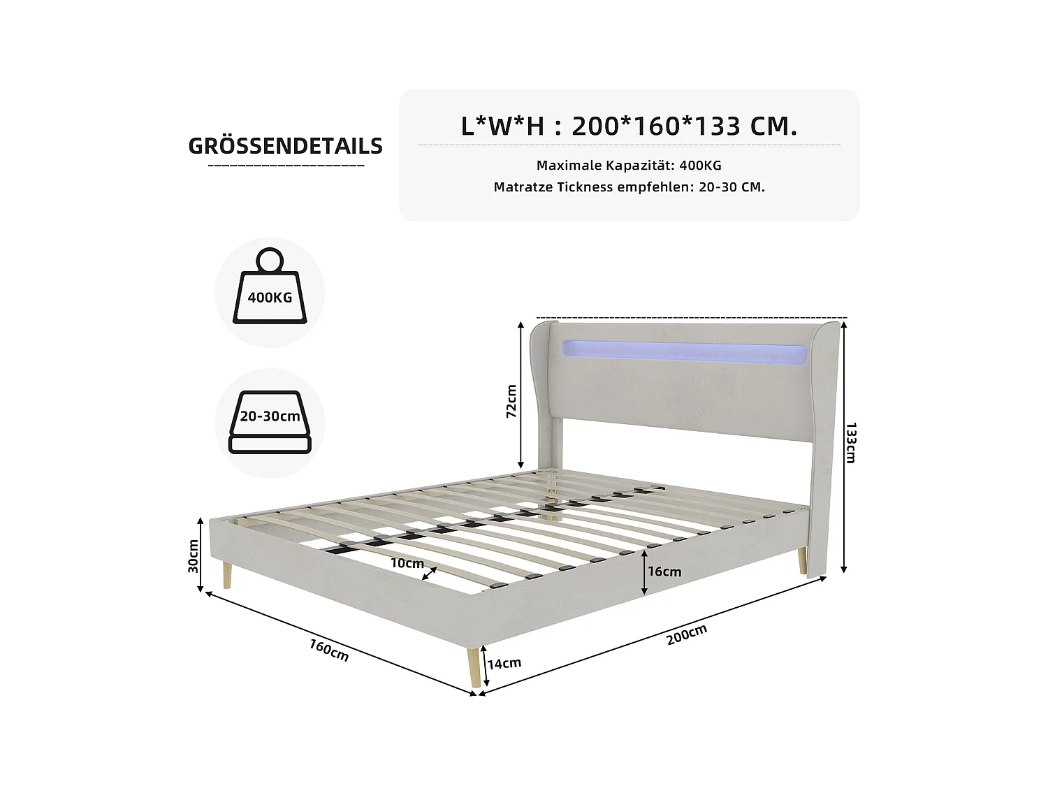 Cama de adulto 160 x 200 cm - Cama de casal com iluminação LED e cabeceira macia - veludo bege - colchão não incluído