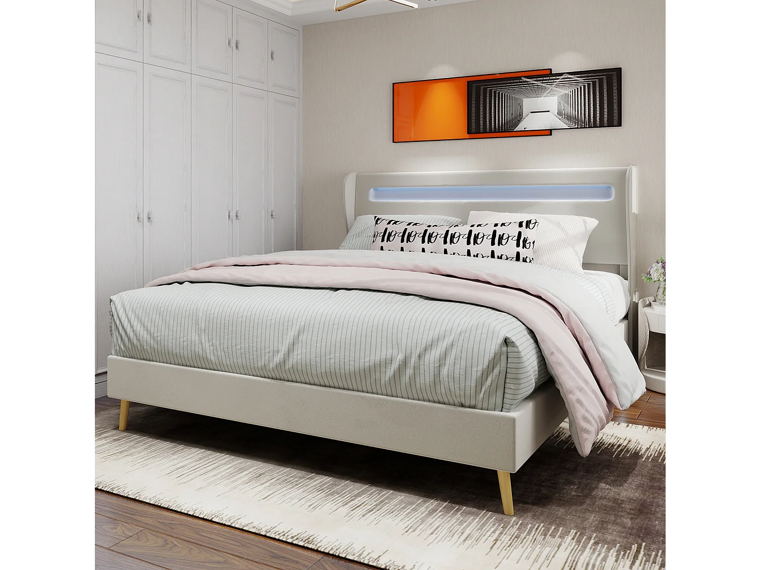 Lit adulte 160 x 200 cm - Lit double avec éclairage LED et tête de lit douce - velours beige - matelas non inclus