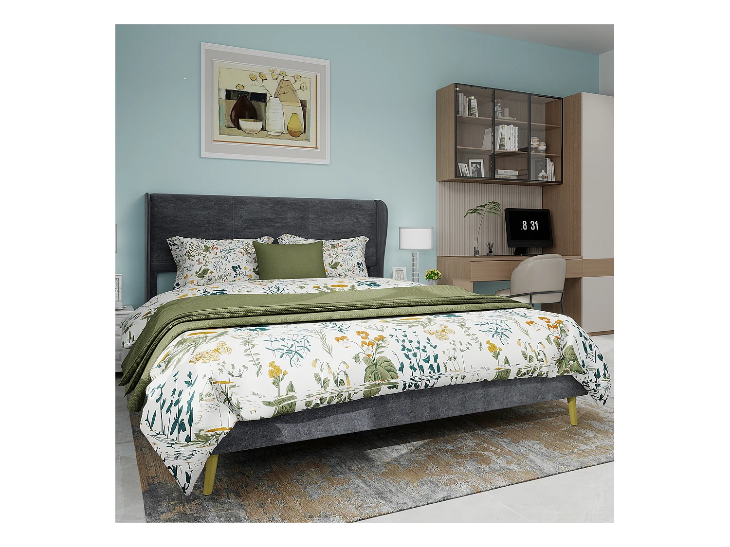 Erwachsenenbett 140 x 200 cm - Doppelbett mit Holzbeinen und weicher Rückenlehne - grauer Samt - Matratze nicht enthalten