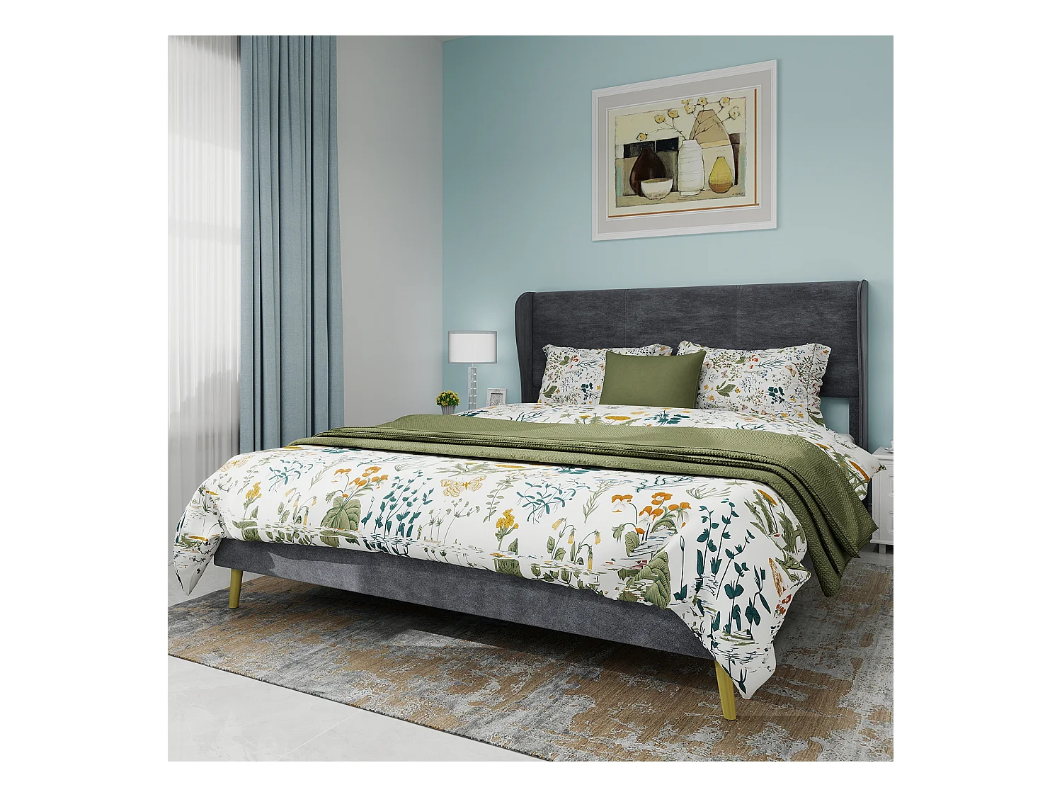 Cama de adulto 140 x 200 cm - Cama de casal com pés em madeira e encosto macio - veludo cinzento - colchão não incluído