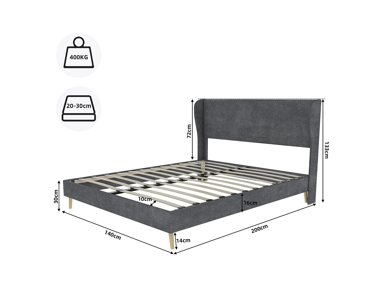 Cama de adulto 140 x 200 cm - Cama de casal com pés em madeira e encosto macio - veludo cinzento - colchão não incluído