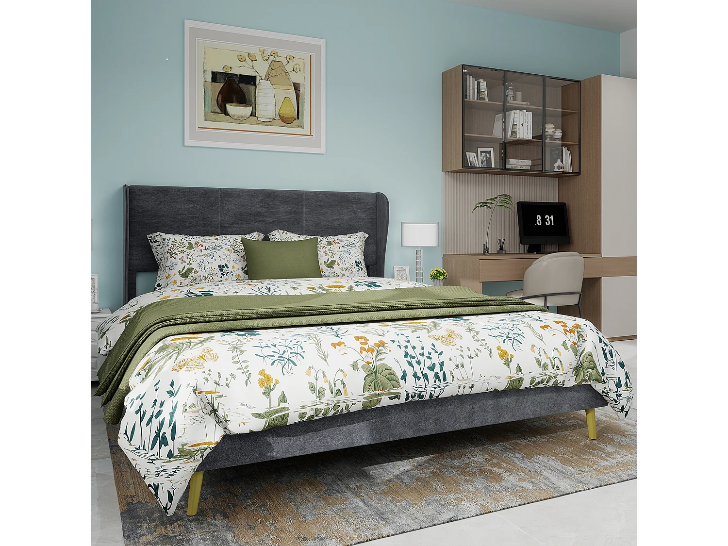 Lit adulte 140 x 200 cm - Lit double avec pieds en bois et dossier moelleux - velours gris - matelas non inclus