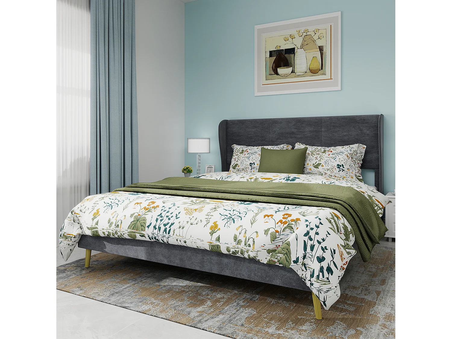 Lit adulte 140 x 200 cm - Lit double avec pieds en bois et dossier moelleux - velours gris - matelas non inclus