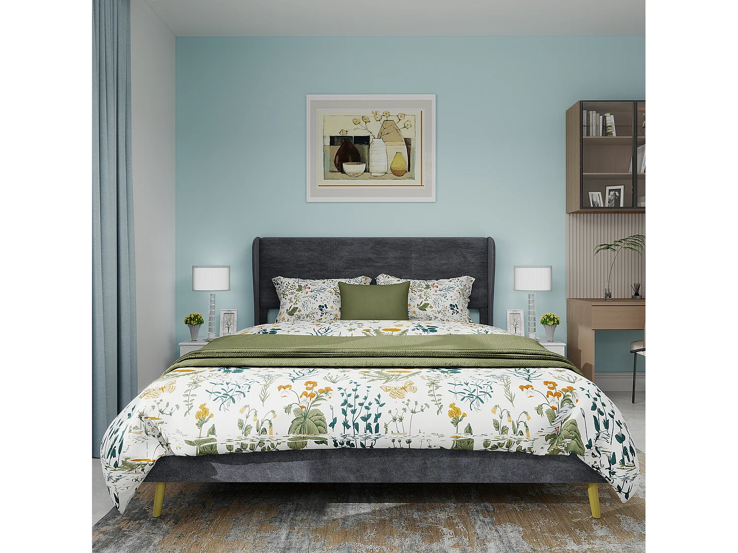 Lit adulte 140 x 200 cm - Lit double avec pieds en bois et dossier moelleux - velours gris - matelas non inclus