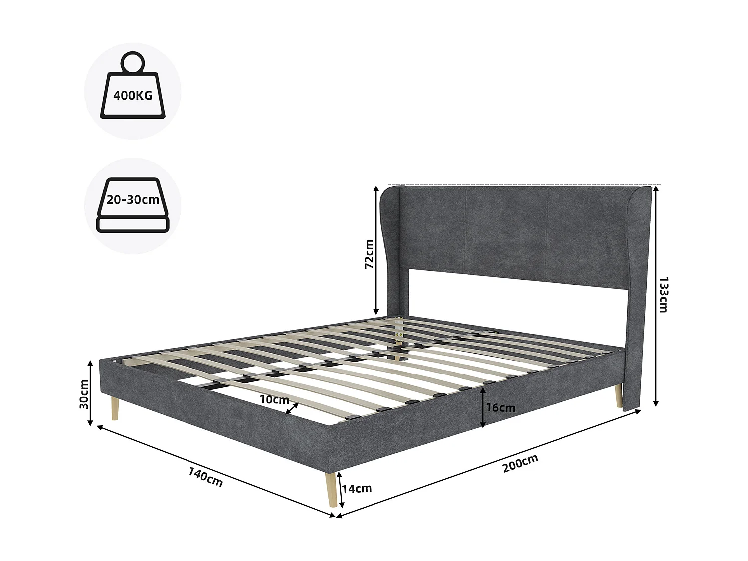 Lit adulte 140 x 200 cm - Lit double avec pieds en bois et dossier moelleux - velours gris - matelas non inclus