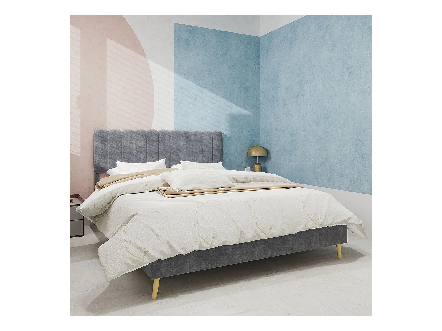 Cama de adulto 140 x 200 cm - Cama de casal com cabeceira macia e pés em madeira - veludo cinza - colchão não incluído