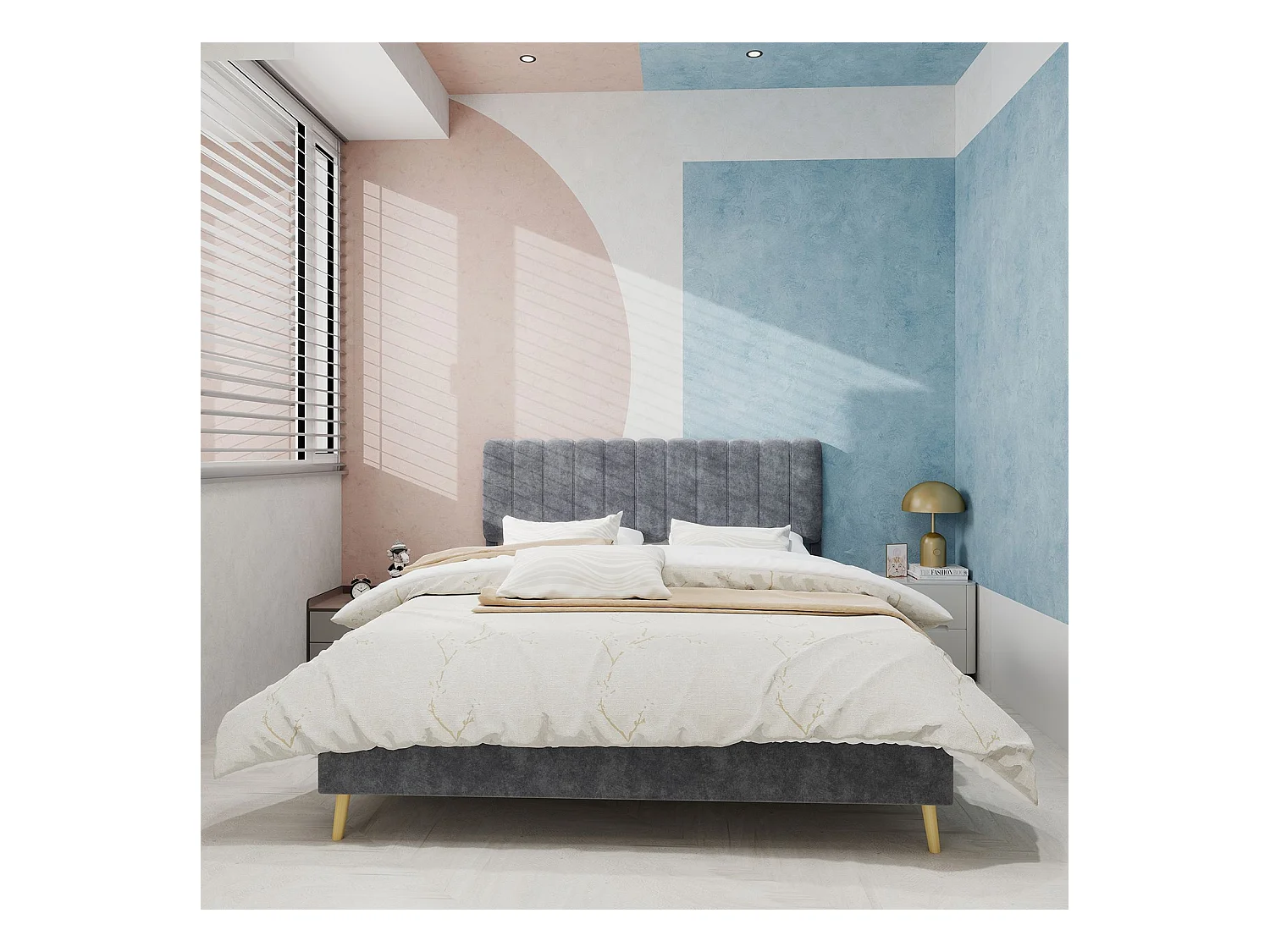 Cama de adulto 140 x 200 cm - Cama de casal com cabeceira macia e pés em madeira - veludo cinza - colchão não incluído